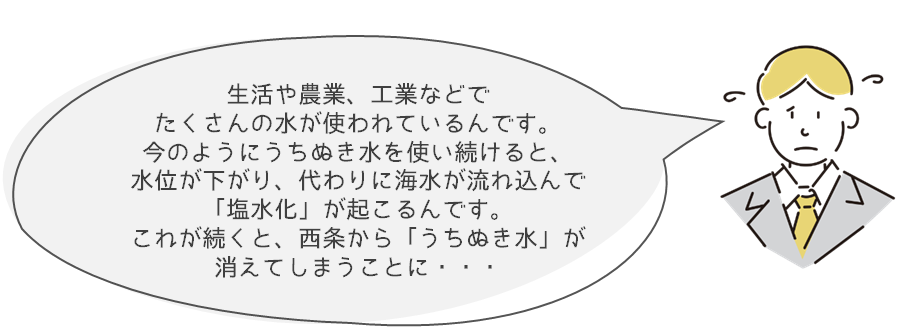 生活や農業、工業などでたくさんの水が使われているんです。今のようにうちぬき水を使い続けると、水位が下がり、代わりに海水が流れ込んで「塩水化」が起こるんです。これが続くと、西条から「うちぬき水」が消えてしまうことに・・・